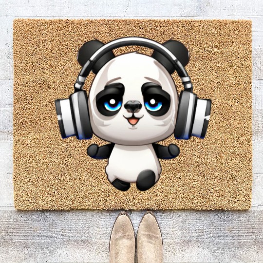 Cute Music Loving Panda Cartoon Coir Doormats