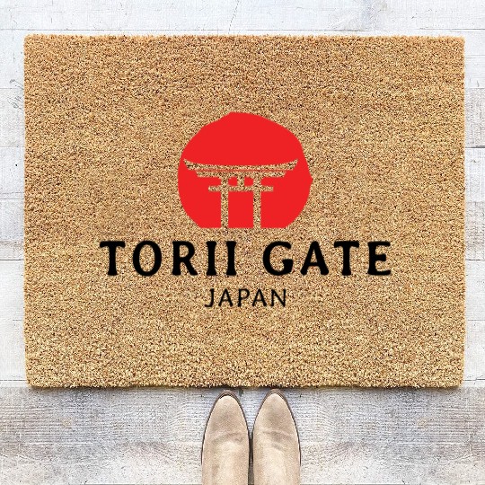 Red Sun Behind Japanese Torii Gate Coir Doormats