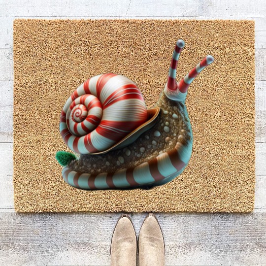 Candy Cane Christmas Snail in Red and white stripe Coir Doormats