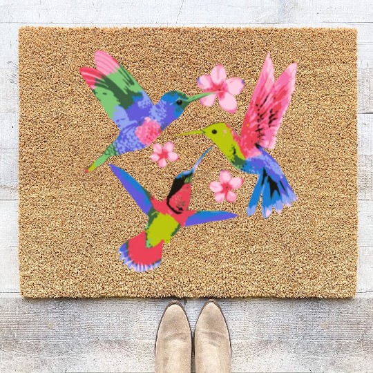 Rainbow Hummingbird Watercolor Colorful Bird Lover Coir Doormats