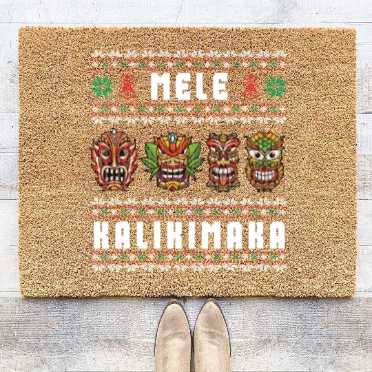 Mele Kalikimaka Hawaii Tiki Funny Ugly Christmas Coir Doormats