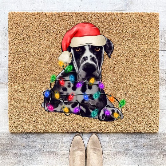 Great Dane Dog Christmas Tree Lights Coir Doormats