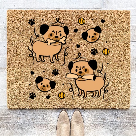 Cute Adorable Pug and Dog Paw Pattern Coir Doormats