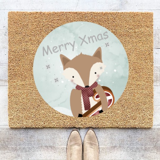 cute fox for Christmas with candy cane Coir Doormats