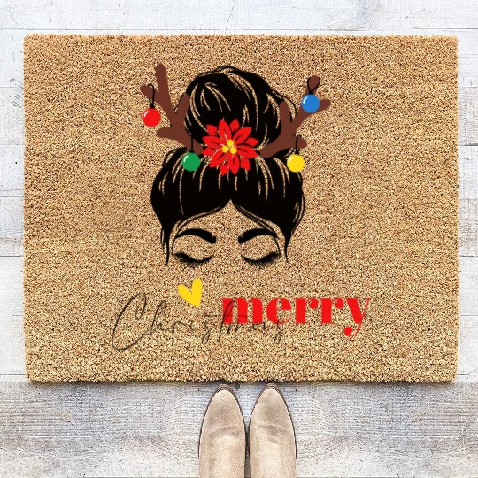 Funny Christmas girl with a red rose for new years Coir Doormats