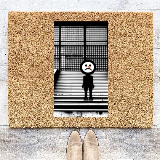 Sad Snowman in Coir Doormats Standing on the Steps Street
