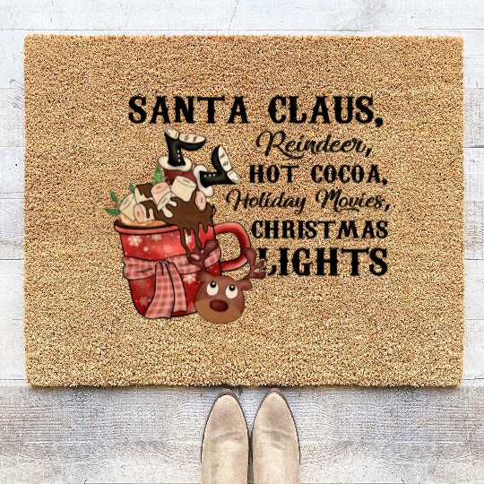 Santa Claus Reindeer Hot Cocoa Holiday Movies Coir Doormats