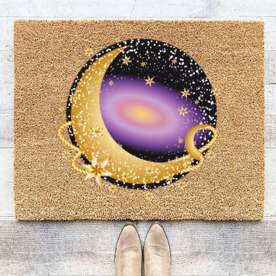 glowing violet galaxy with moon and stars Coir Doormats