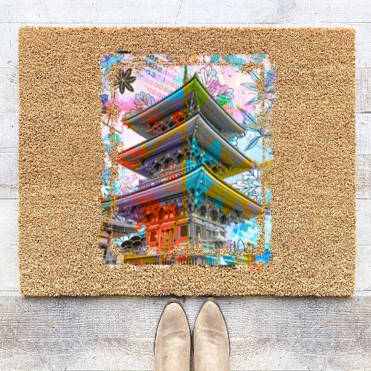 Japan Pagoda Cherry Blossoms Collage Art 70 Coir Doormats