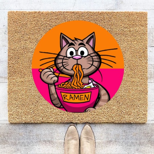 Colorful Ramen Cat Orange and Pink Coir Doormats