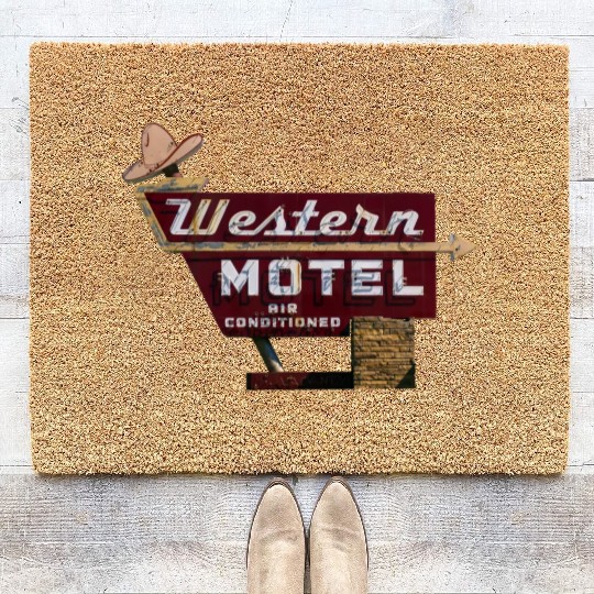 Route 66 Neon Western Motel Bethany Oklahoma Coir Doormats