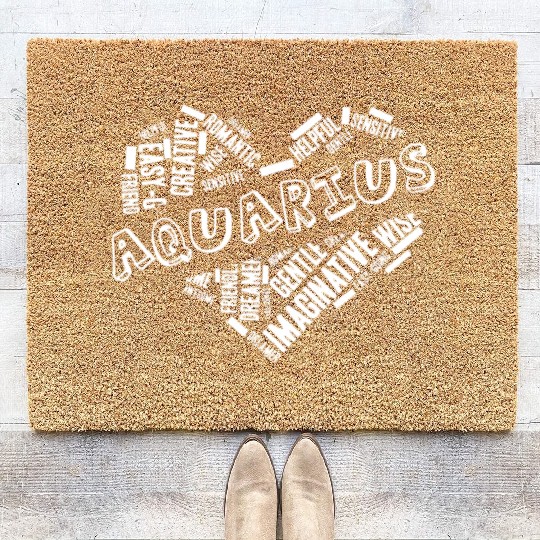Aquarius Heart Word Cloud Doodle Astrology Zodiac Coir Doormats