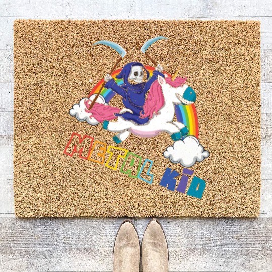 Metal Kid Music Unicorn Skeleton Rocker Rock Heavy Coir Doormats