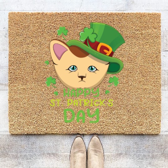 Kawaii Cat Happy Saint Patrick Day Coir Doormats