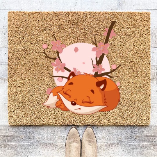 Japanese Fox Cherry blossom Flower sakura kawaii Coir Doormats