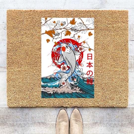 Great Wave off Kanagawa Japanese Blossom Koi Fish Coir Doormats