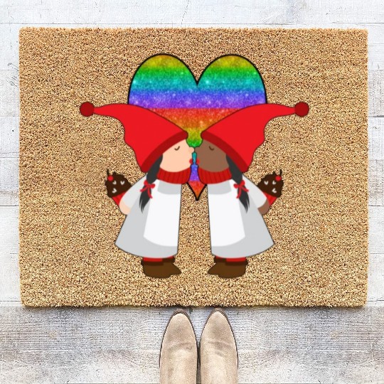 Biracial Lesbian Gnome Valentine Couple Mixed LGBT Coir Doormats