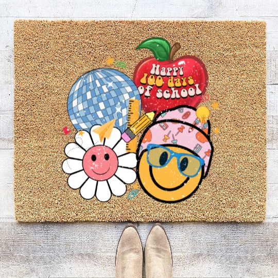 Happy 100 Days Of School Retro Groovy Face Coir Doormats