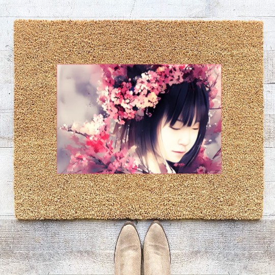 japan girl portrait sakura blossom Japan wallart Coir Doormats