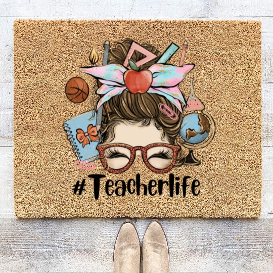 Messy Bun Teacher Life Sublimation Coir Doormats