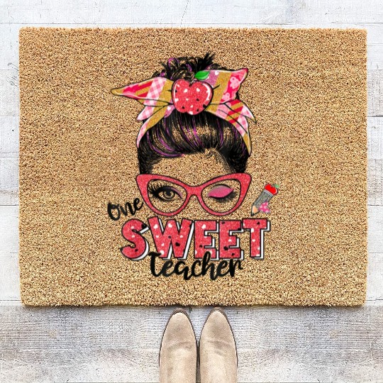One Sweet Teacher Messy Bun Teacher Life Valentine Coir Doormats