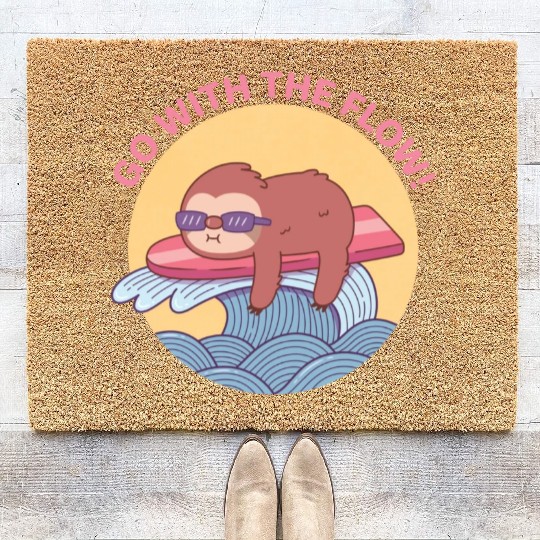 Go With The Flow Sloth Chilling on Surfboard Coir Doormats
