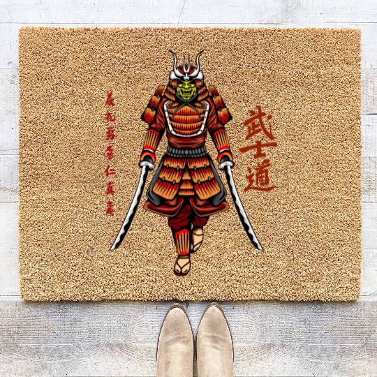 Japanese samurai warrior dark red mask Coir Doormats