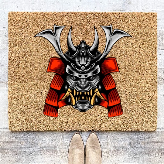 Japanese samurai warrior devil grey and red mask Coir Doormats