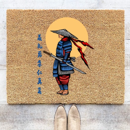 Japanese samurai warrior cream moon mask Coir Doormats