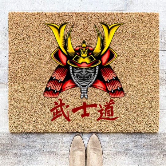 Japanese samurai warrior yellow horn mask Coir Doormats