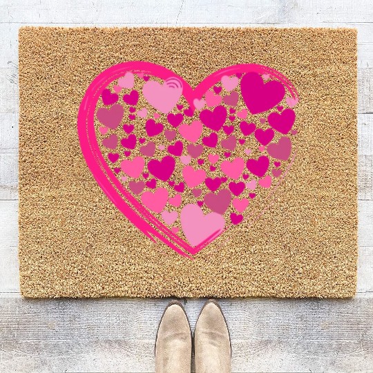 Cute Pink and Lilac Hearts in a Big Pink Heart Coir Doormats