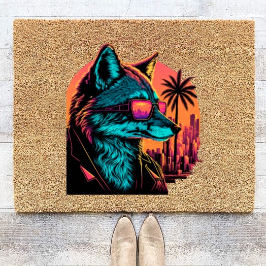 Retro Futuristic Synthwave Fox Coir Doormats