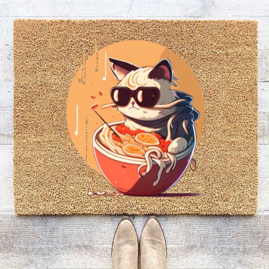 cat eating Chinese food,cute design for Meow lover Coir Doormats
