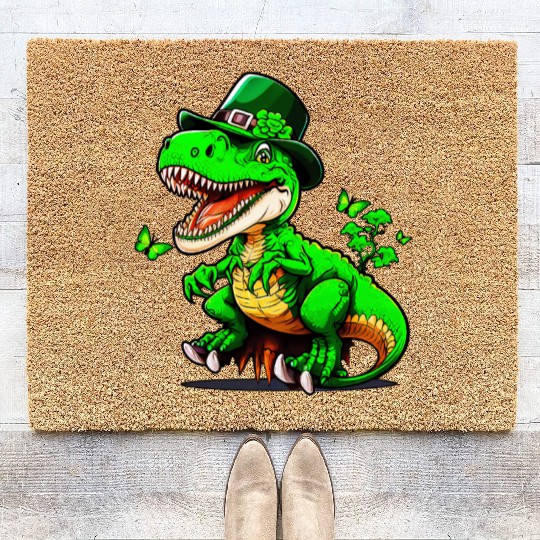 St. Patrick Day T-rex Dinosaur With Hat Coir Doormats