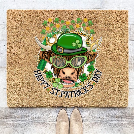 Happy St. Patrick's Day, Funny Cow, Hat and Gold Coir Doormats