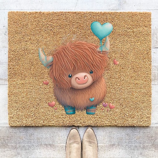 Cute Highland Cow Valentine's Day Farm Cow Lover V Coir Doormats