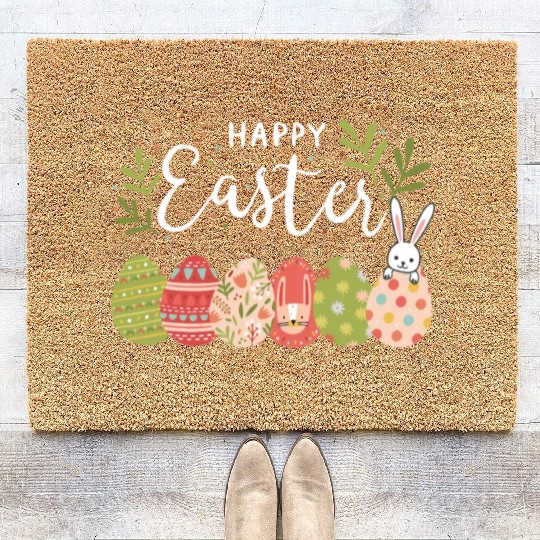 Happy Easter Spring Flowers Bunny Rabbit Egg Hunt Coir Doormats