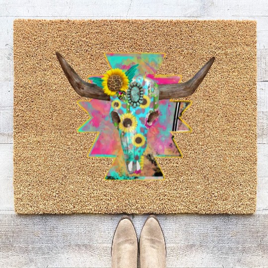 Colorful Floral Bull Skull Coir Doormats