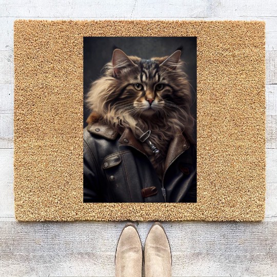 Norwegian Forest Cat Breed wears a leather jacket Coir Doormats