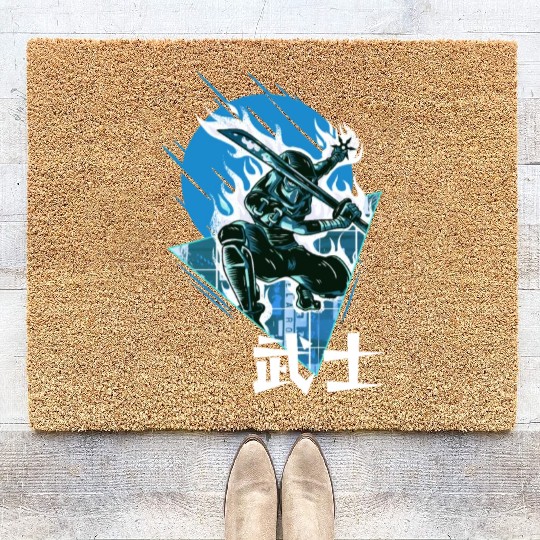 Vaporwave Ninja Flaming Sword Warrior Japanese Aes Coir Doormats