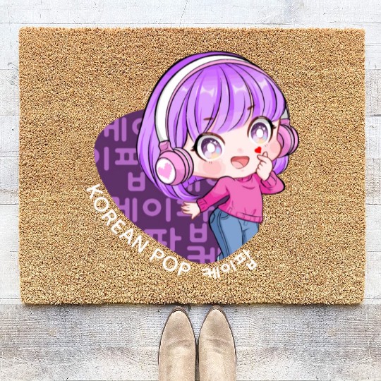 Korean Pop Chibi Finger Heart Anime Girl Kpop Kdra Coir Doormats