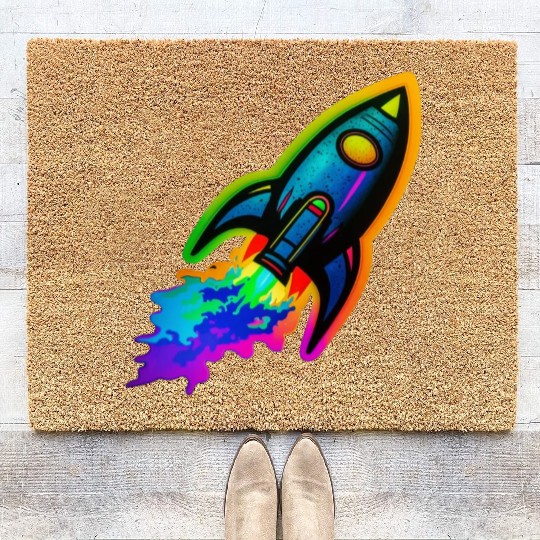 Psychedelic Retro Neon Rocket Coir Doormats