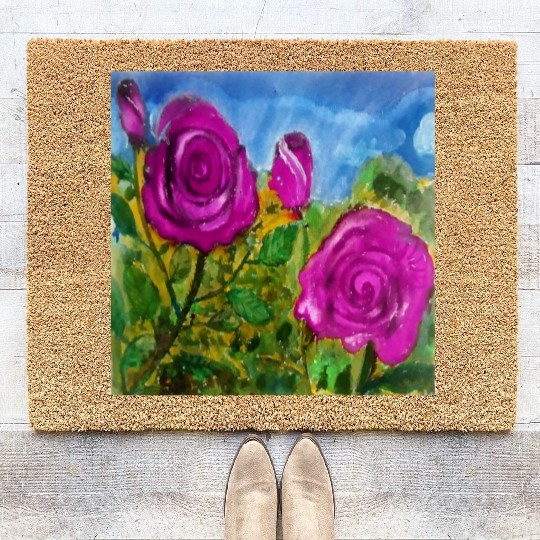 Hand Painted Roses Coir Doormats Coir Doormats Mugs Tote Bags