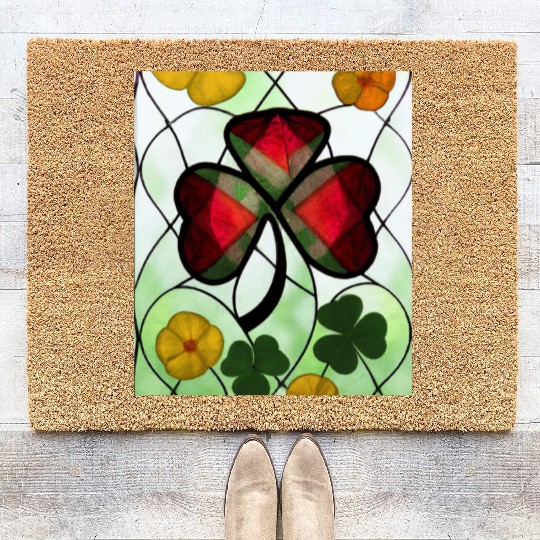 Red plaid Shamrock with Yellow Poppies (AI Art) Coir Doormats