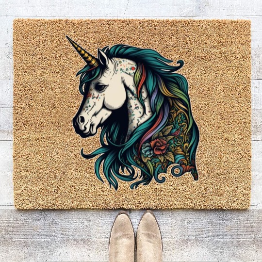 Unicorn elf mythical creature tattoo drawing horse Coir Doormats