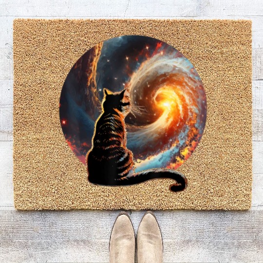 Cat Staring at a Galaxy Cat Dad Cat Lover Coir Doormats