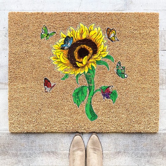 Aesthetics Sunflowers Nature Butterflies Yellow Su Coir Doormats