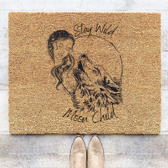 Stay Wild Moon Child Wolf Howling at Moon Goddess Coir Doormats
