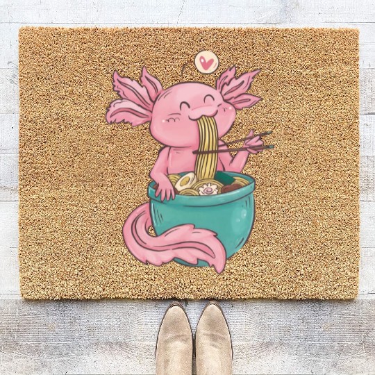 Kawaii Axolotl Eating Ramen Noodles Anime Gift Coir Doormats
