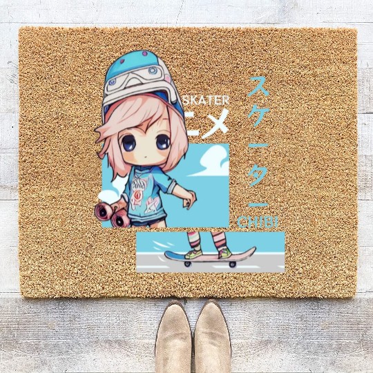 Kawaii Chibi Skater Skateboard Japanese Aesthetic Coir Doormats